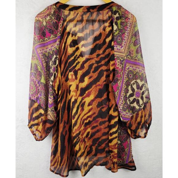 Whimsical Sz 2X Top Button Sheer 3/4 Sleeve V Neck Colorful Animal Floral Casual - Picture 5 of 10